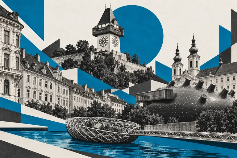 KI-generierte Graz-Collage mit Uhrturm, Kunsthaus und Murinsel in Schwarz-Weiß und Stadtblau